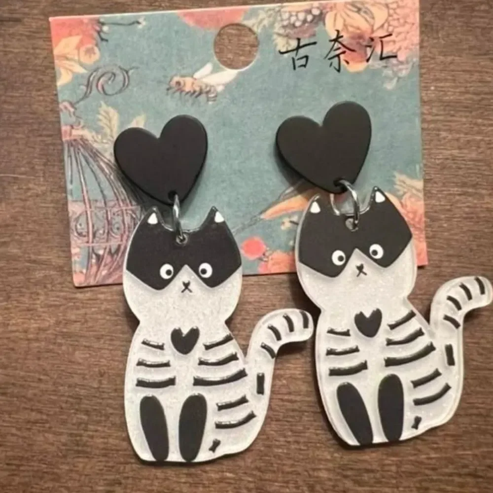 Halloween Goth Lolita Calavera Skeleton Black Kitty Cat Dangle Earrings